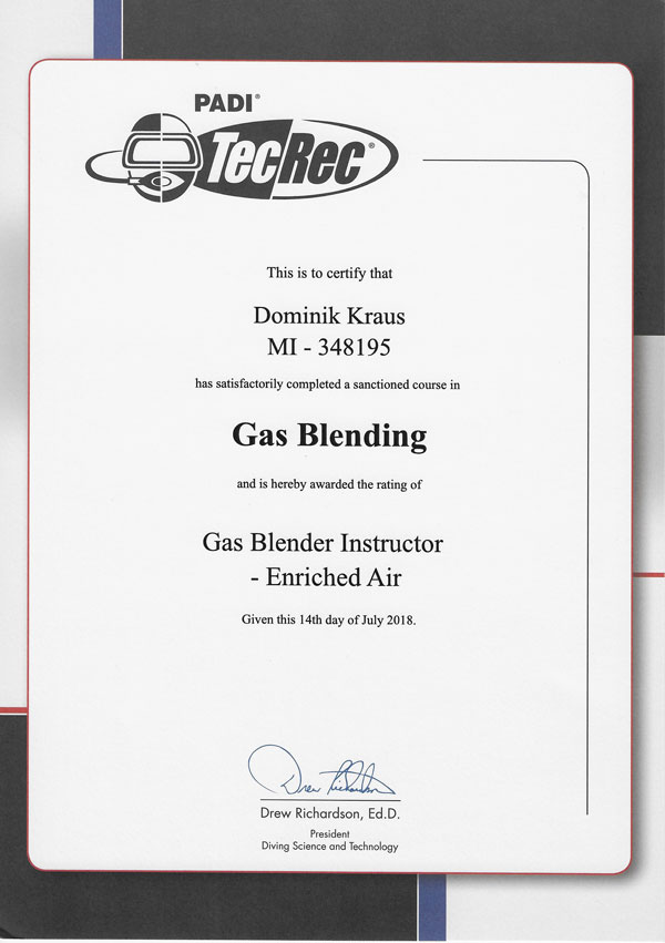 PADI Gas Blending Instructor Dominik Kraus, Tauch aktiv PADI Gas Blending Instructor Dominik Kraus, Tauch aktiv